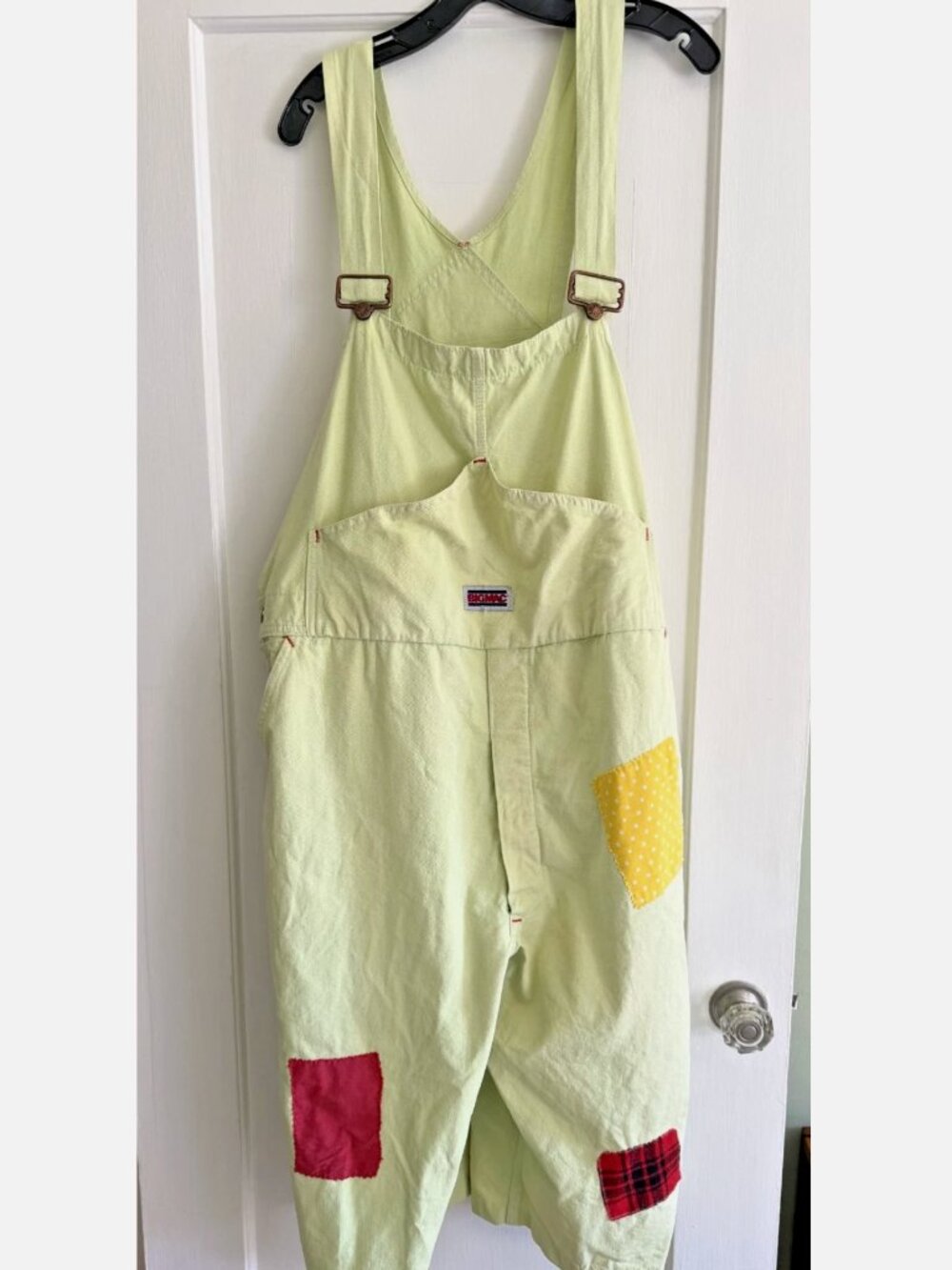 Vintage Big Mac Overalls Square Back 46x15 Cropped Light Lime Green Patches RARE